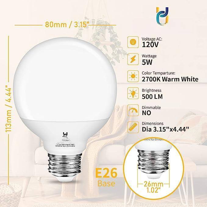 Sure, here is the corrected and grouped text:

- **Dimensions:**
  - Diameter: 80mm / 3.15"
  - Height: 113mm / 4.44"

- **Specifications:**
  - Voltage AC: 120V
  - Wattage: 5W
  - Color Temperature: 2700K Warm White
  - Brightness: 500 LM
  - Dimmable: NO

- **Base:**
  - E26 Base
  - 26mm / 1.02"