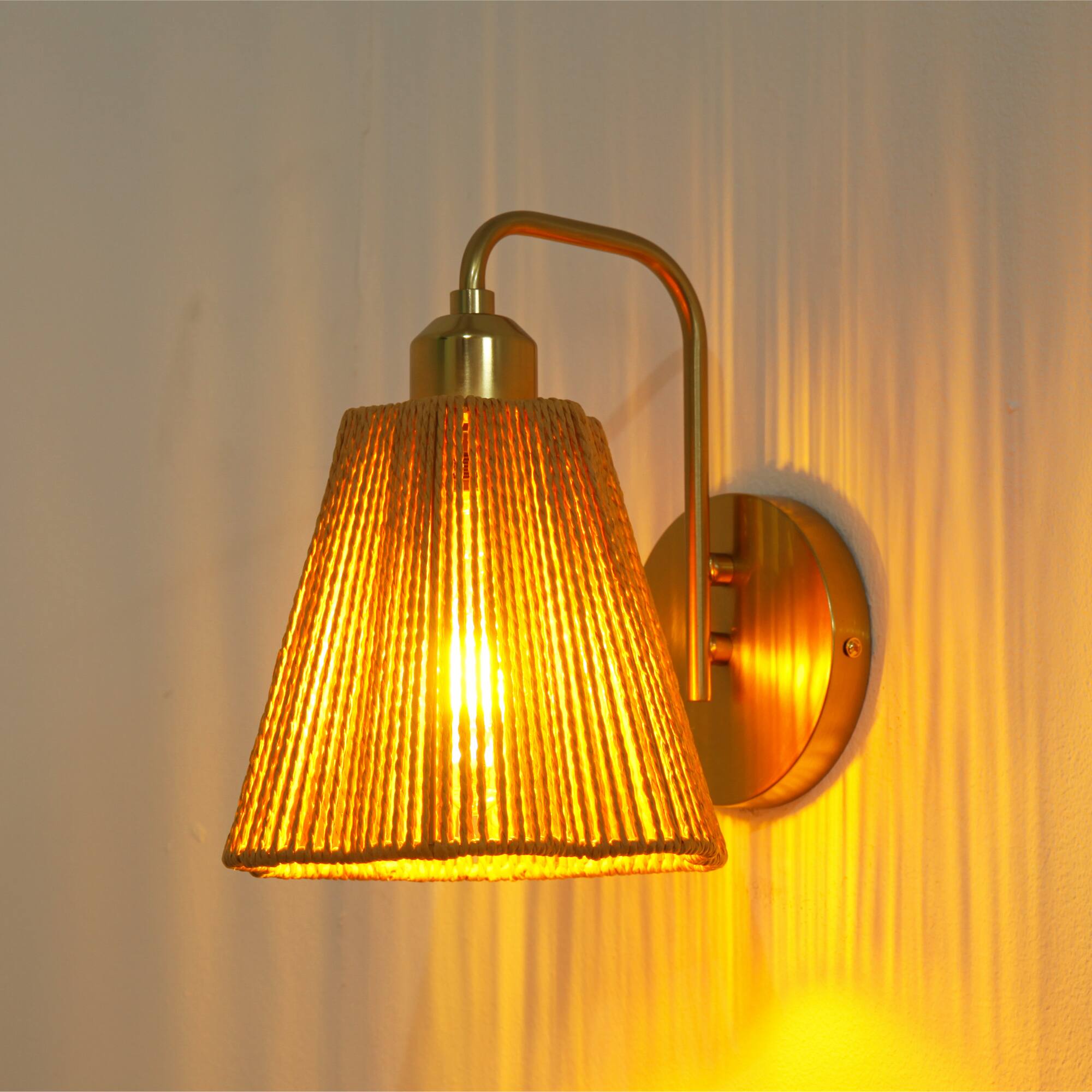 Alt View 4. Parrot Uncle - 9" Modern Gold Iron Wall Sconce Light with Paper Rope shade for Bedroom, Hallway, Living Room - Gold.