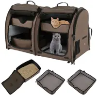 Costway Portable Pet Carrier Kennel Cat Dog Crate Twin Compartments w/ Mats Litter Box - Brown - Front_Zoom