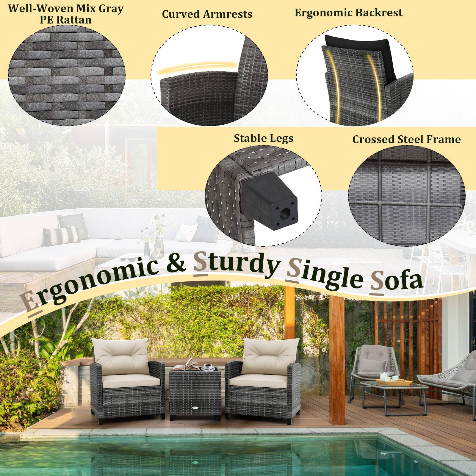 Well-Woven Mix Gray PE Rattan  
Curved Armrests  
Ergonomic Backrest  
Stable Legs  
Crossed Steel Frame  
Ergonomic & Sturdy Single Sofa