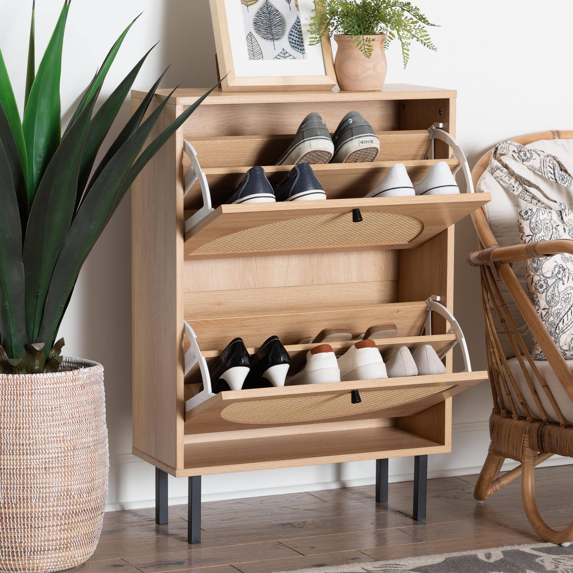 Alt View 5. Baxton Studio - Remus Wood Shoe Cabinet - 12-Pair Shoe Storage Organizer with 2 Flip Doors, Compact Hallway or Entryway Furniture - Light Oak/Black.