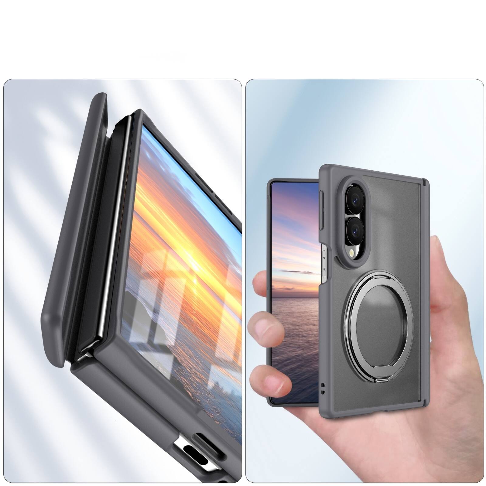 Left. Dteck - Shockproof Case for Samsung Galaxy Z Fold8 with Ring Stand, Magnetic PC Cover Built in Screen Film and Hinge Protection - Gray.