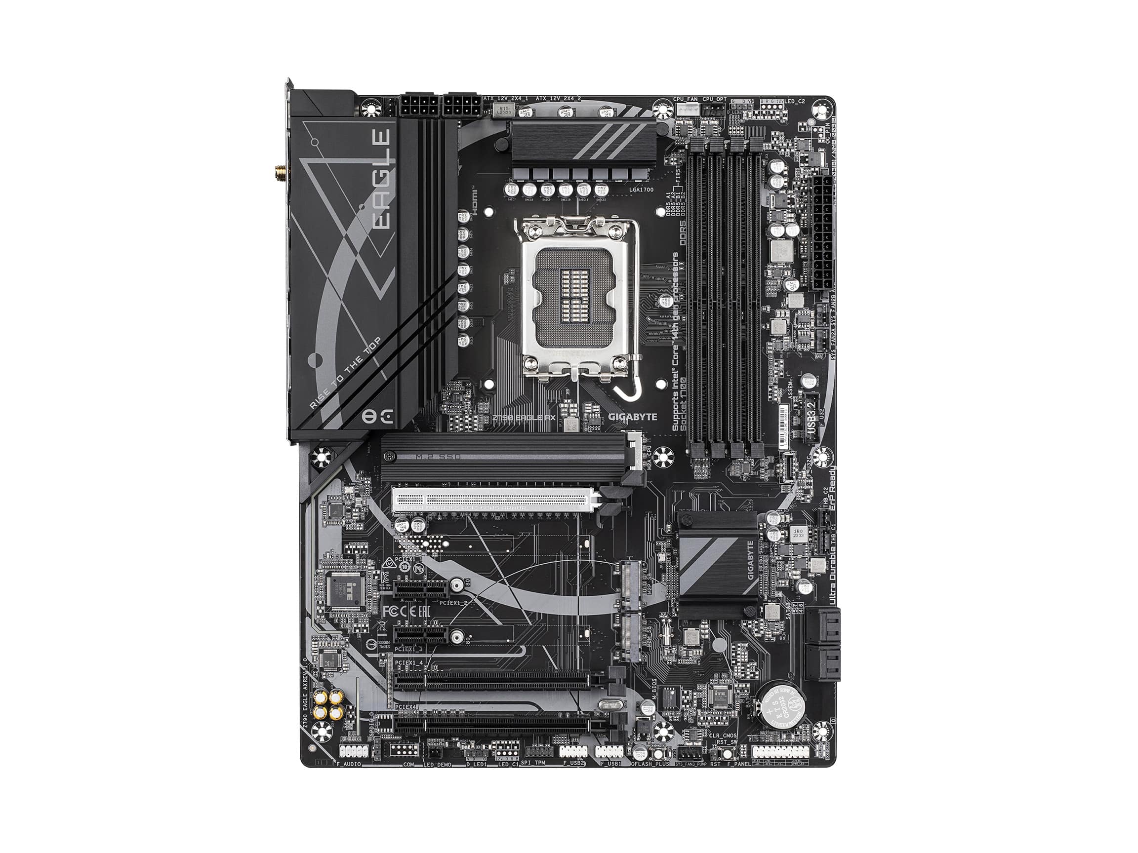 The image features a computer motherboard with a CPU and RAM. The motherboard is black and white, and the CPU is located in the center. The RAM is also present, adding to the complexity of the board. The image is a close-up of the motherboard, showcasing its intricate details.