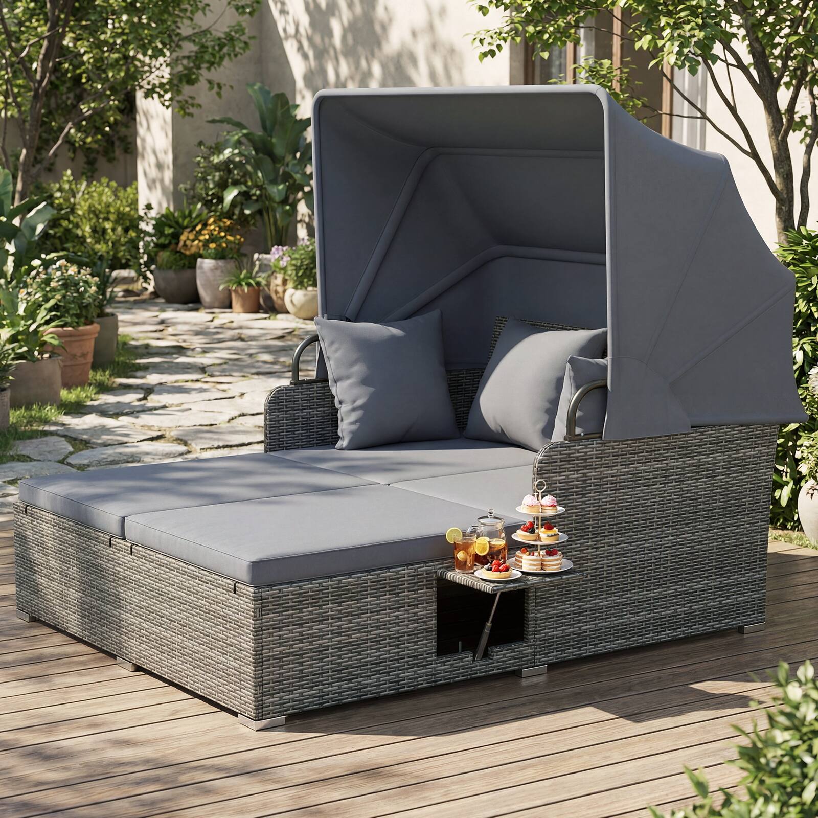 Alt View 1. Gymax - Gymax Patio Rattan Daybed Lounge Retractable Top Canopy Side Tables Cushions Grey - Grey.