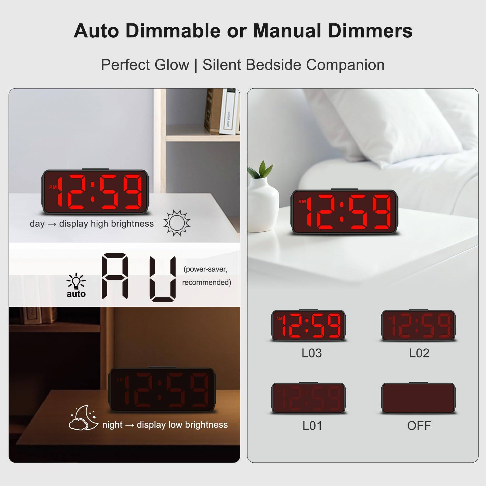 Auto Dimmable or Manual Dimmers  
Perfect Glow | Silent Bedside Companion  

day → display high brightness  
night → display low brightness  

A U (power-saver, recommended)  

L03  
L02  
L01  
OFF