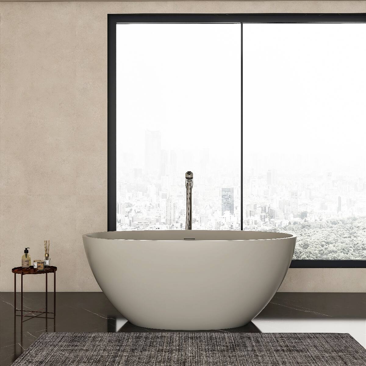 Front. Loheer - Loheer 55 Inch Freestanding Solid Surface Soaking Bathtub Matte Light Beige Oval Center Drain - Light beige.