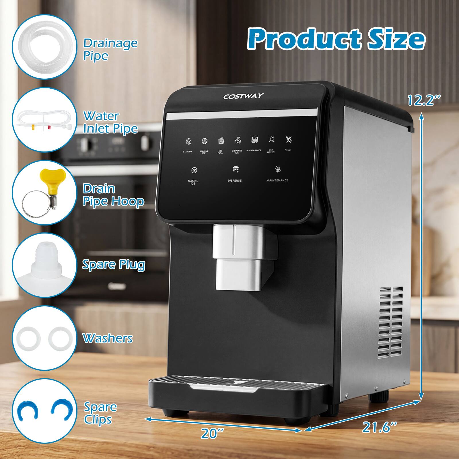 Product Size

- Drainage Pipe
- Water Inlet Pipe
- Drain Pipe Hoop
- Spare Plug
- Washers
- Spare Clips

12.2"  
20"  
21.6"