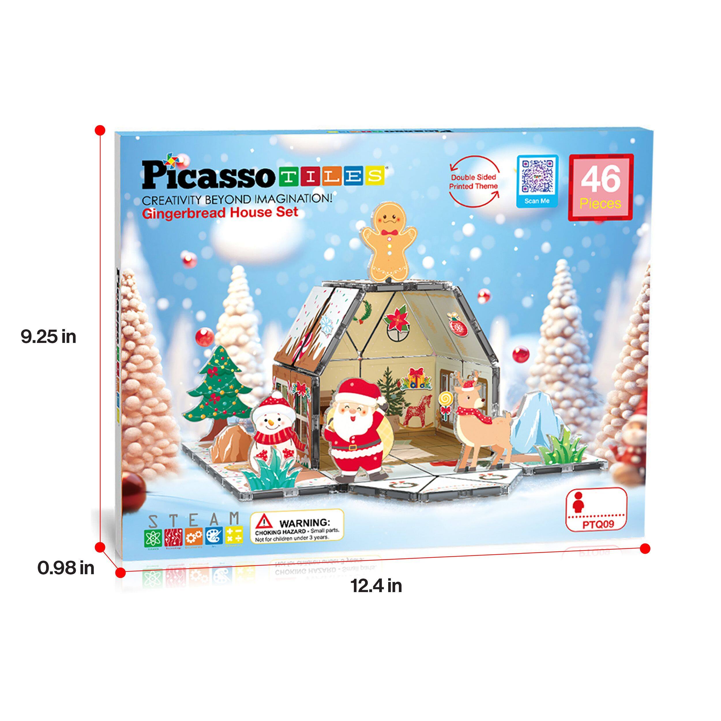 Picasso Tiles Creativity Beyond Imagination! Gingerbread House Set Double Sided Printed Theme Scan Me 46 Pieces 9.25 in STEAM WARNING: CHOKING HAZARD: Small parts. Not for children under 3 years. PTQ09 0.98 in 12.4 in