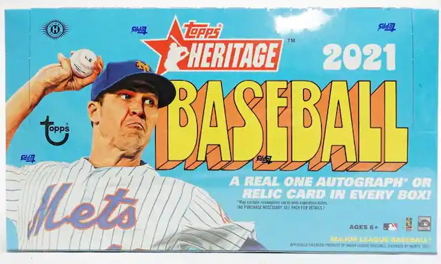**Topps Heritage Baseball 2021**
A Real One Autograph* or Relic Card in Every Box!
May contain redemption cards with expiration dates. (No purchase necessary. See pack for details.)
Mets
Ages 6+
Officially Licensed Product of Major League Baseball
*May contain redemption cards with expiration dates. (No purchase necessary. See pack for details.)