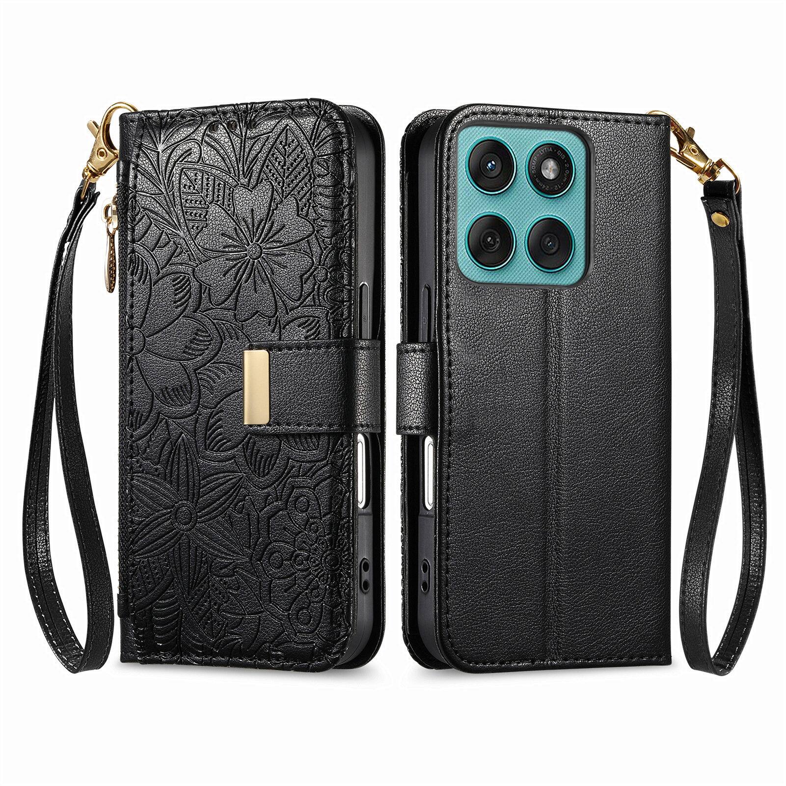 Angle. UUCOVER - Floral PU Leather Wallet Case for Motorola Moto Edge (2025) with Zipper Pocket, Cash Card Slot, Shoulder & Wrist Strap - Black.