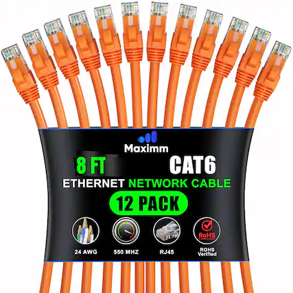 Maximm 8 FT CAT6 ETHERNET NETWORK CABLE 12 PACK
RoHS COMPLIANT
24 AWG
550 MHZ
RJ45
RoHS Verified