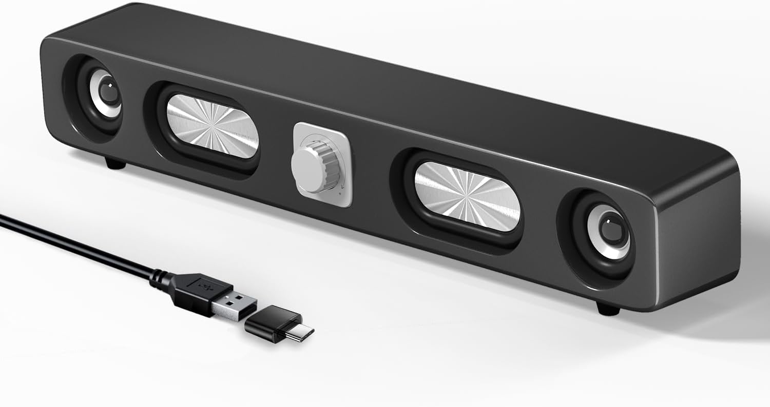Front. ACJPR - HiFi Computer Sound Bar – 6W Stereo, USB-Powered, Black.