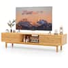 Front. Costway - 63" Bamboo TV Stand with 3 Storage Cubes Sliding Doors Mid Century Storage Cabinet - Natural.