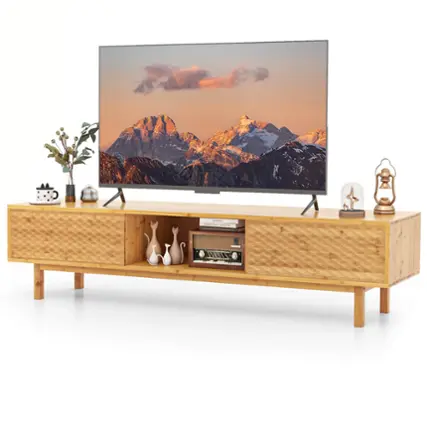 Front. Costway - 63" Bamboo TV Stand with 3 Storage Cubes Sliding Doors Mid Century Storage Cabinet - Natural.