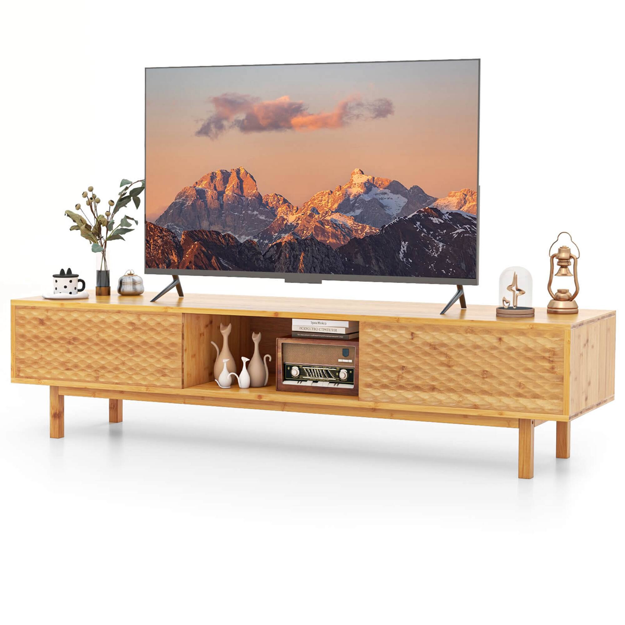 Costway - 63" Bamboo TV Stand with 3 Storage Cubes Sliding Doors Mid Century Storage Cabinet - Natural