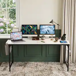 WELLFOR - 60" Computer Desk with Charging Station & Storage Bag, Study & Gaming Desk with Metal Frame for Home Office - White
