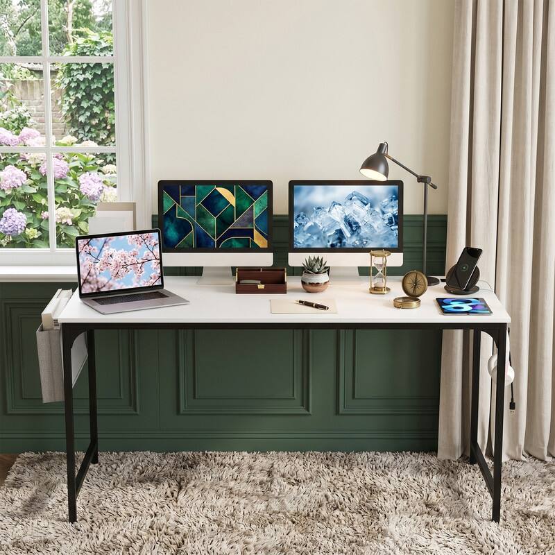 WELLFOR - 60" Computer Desk with Charging Station & Storage Bag, Study & Gaming Desk with Metal Frame for Home Office - White