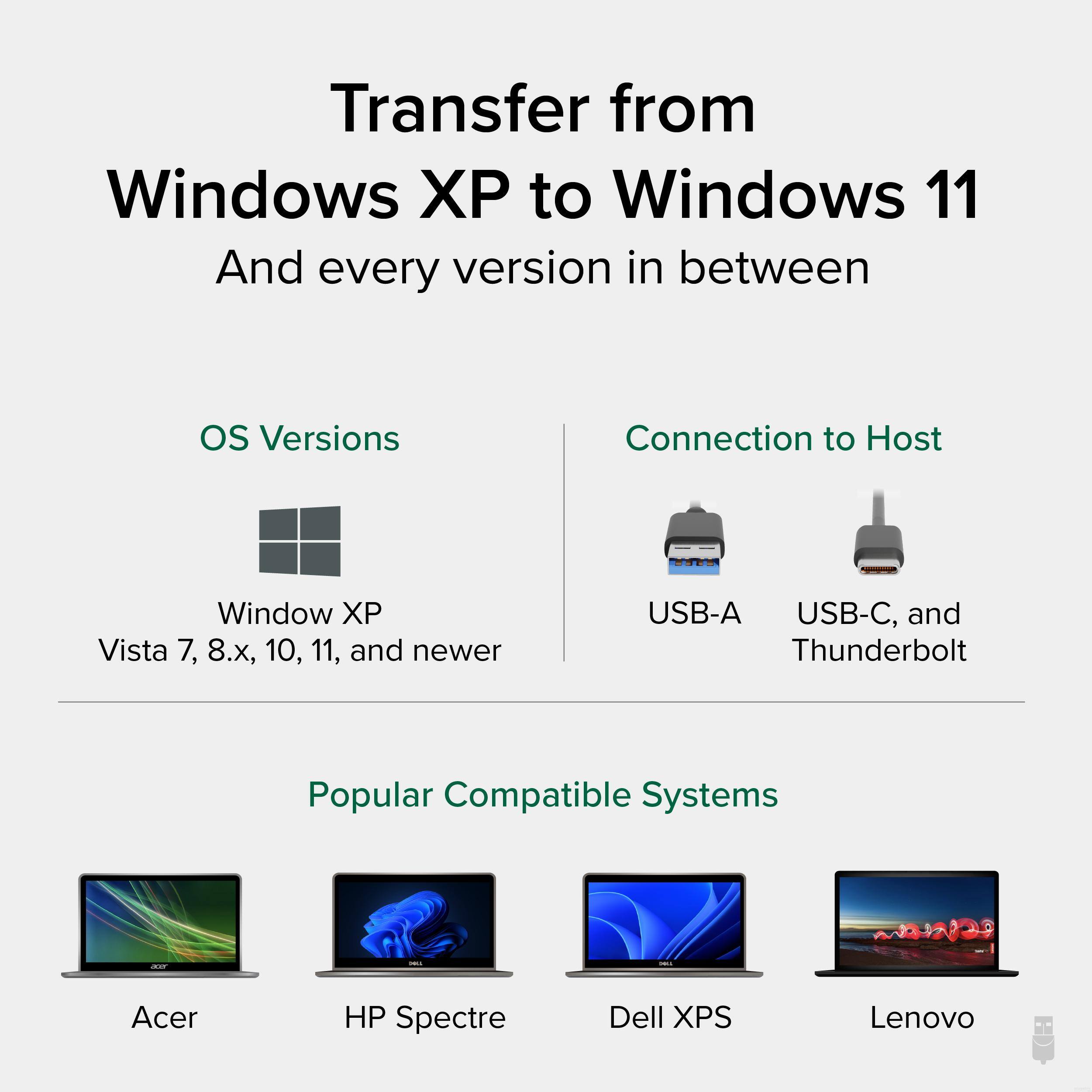 Transfer from Windows XP to Windows 11  
And every version in between  

OS Versions  
Window XP  
Vista 7, 8.x, 10, 11, and newer  

Connection to Host  
USB-A  
USB-C, and Thunderbolt  

Popular Compatible Systems  
Acer  
HP Spectre  
Dell XPS  
Lenovo