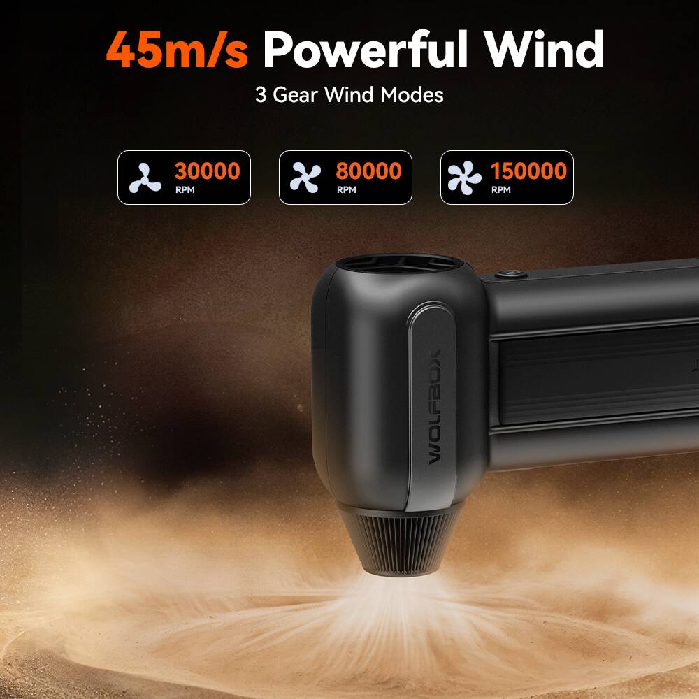 45m/s Powerful Wind  
3 Gear Wind Modes  

30000 RPM  
80000 RPM  
150000 RPM  

WOLFBOX