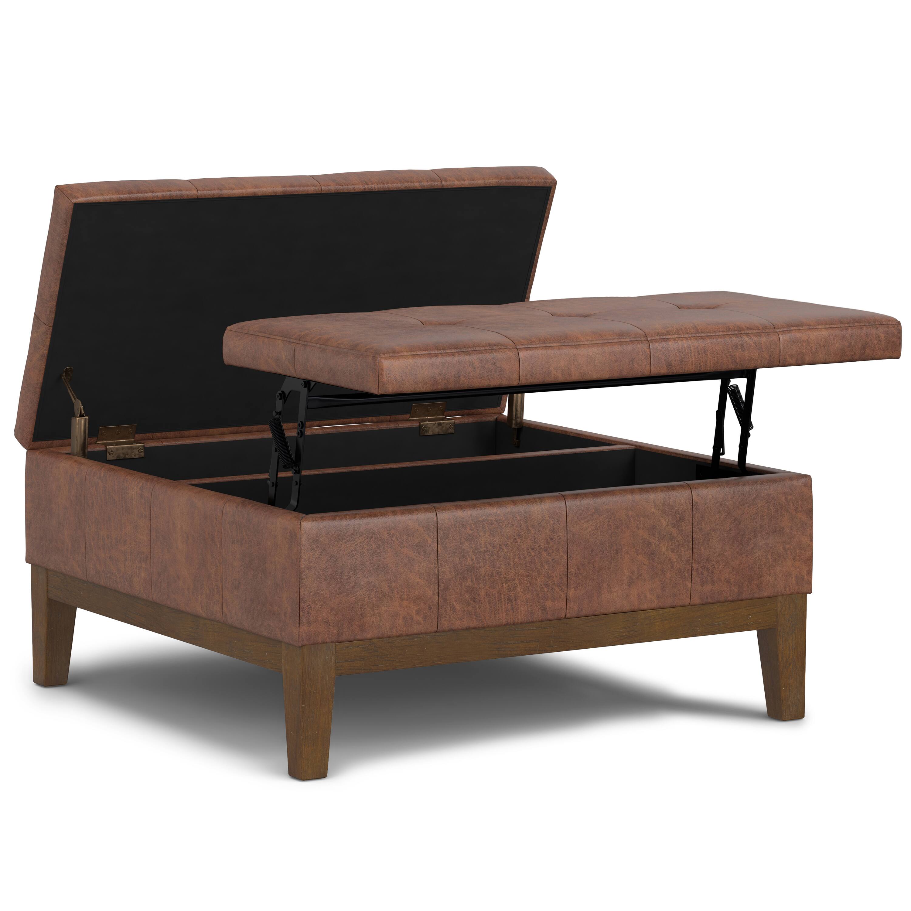 Back. Simpli Home - Dover 36 inch Contemporary Lift Top Coffee Table Storage Ottoman in Distressed Saddle Brown Vegan Faux Leather,Assembled - Distressed Saddle Brown.