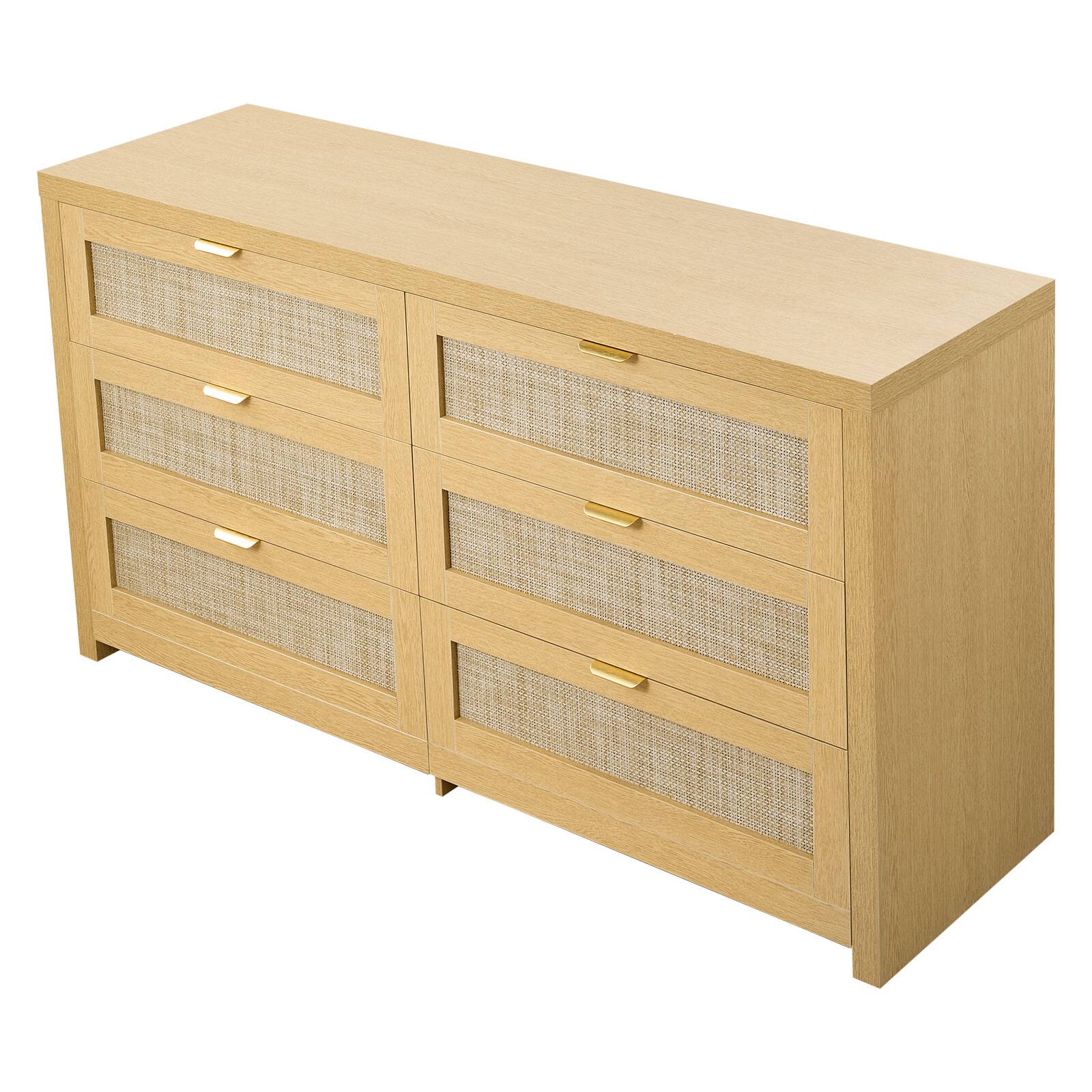 Alt View 5. VEVOR - 6 Drawer Rattan Dresser, Double Dresser for Bedroom, Natural Rattan Chest of Drawer with Metal Handle, Modern Wood Chest - Natural Wood.