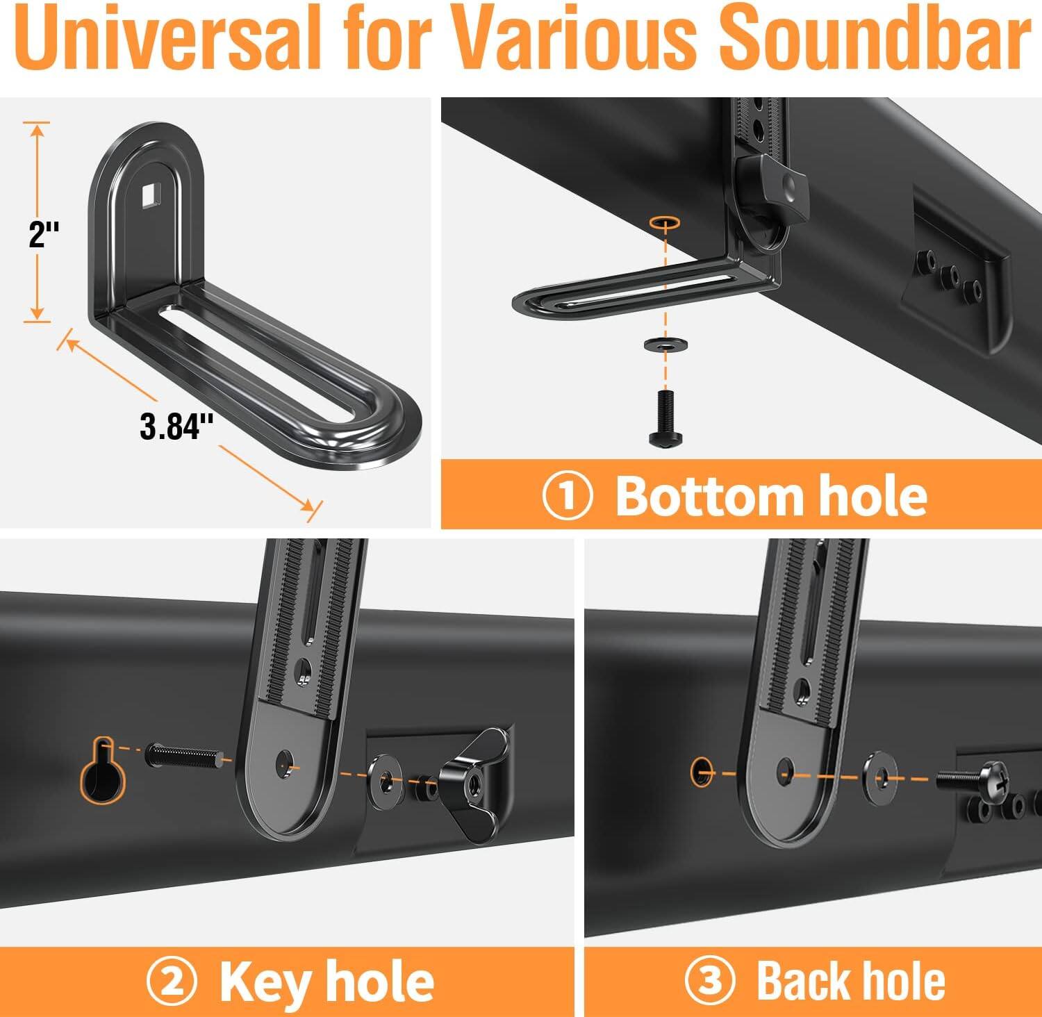 Universal for Various Soundbar

1. Bottom hole
2. Key hole
3. Back hole

Dimensions:
- 2"
- 3.84"