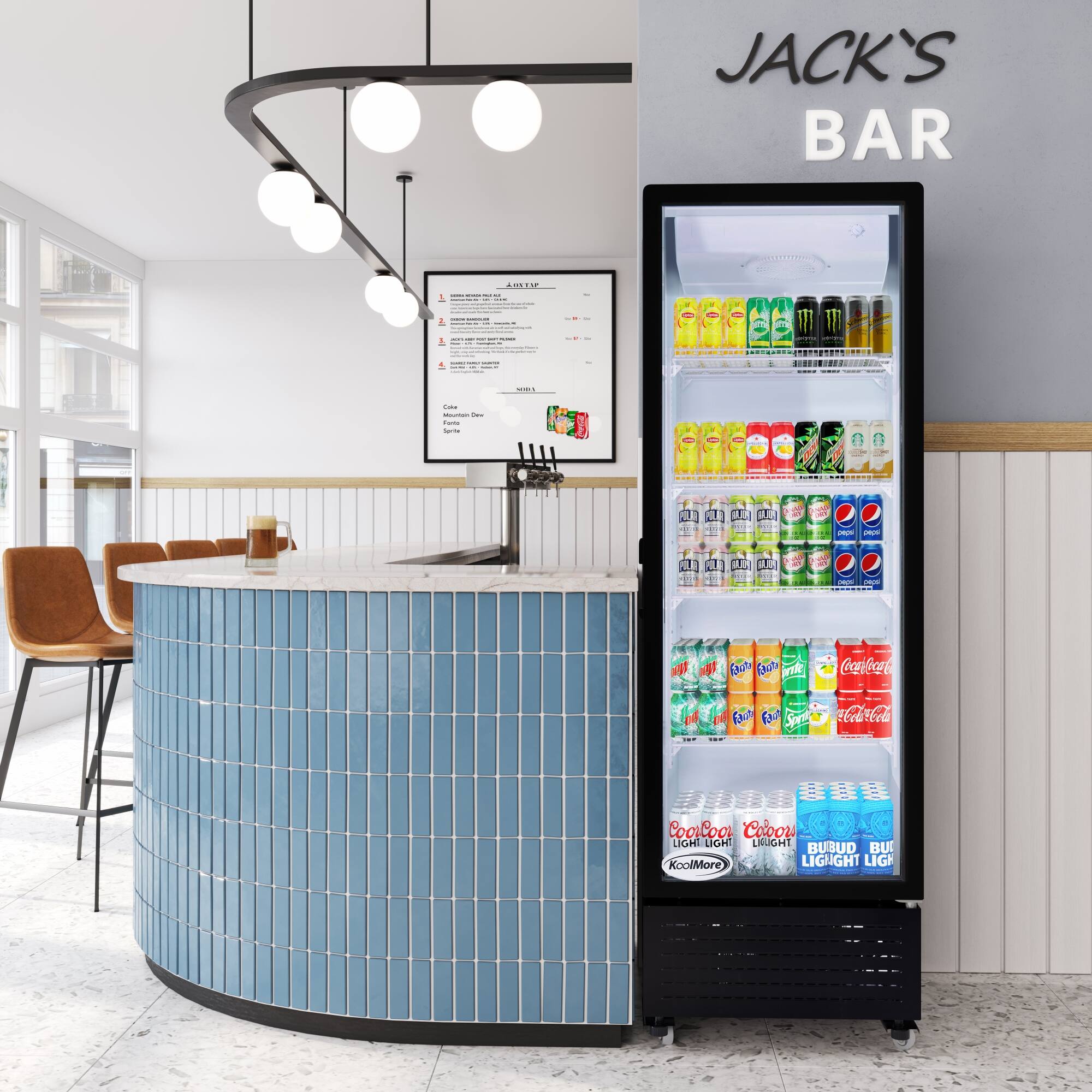 Jack's Bar offers a variety of drinks, including Coca-Cola, Pepsi, and other popular beverages. The refrigerator is stocked with a wide selection of drinks, making it easy for customers to find their favorite choice. The bar also features a counter with a menu, providing customers with the option to order food and drinks. The overall atmosphere of the bar is inviting and comfortable, with chairs available for customers to sit and enjoy their beverages.