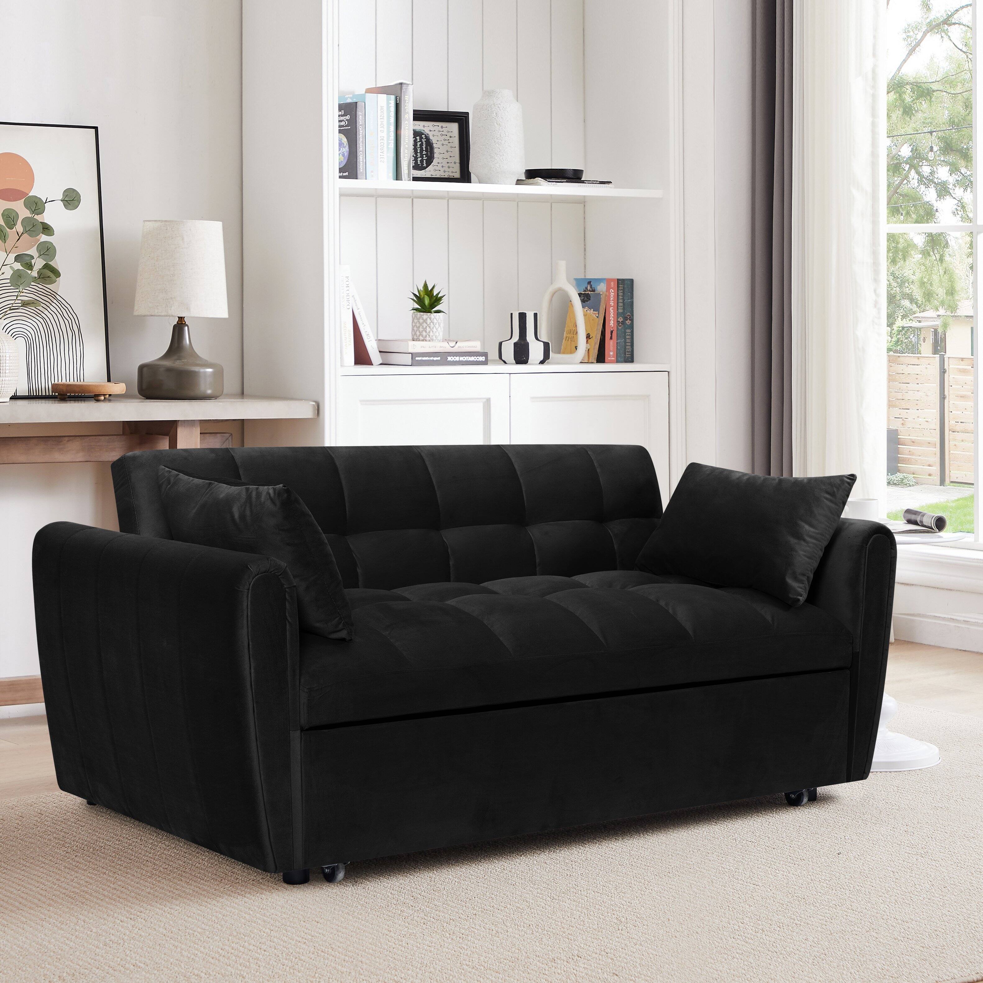 Angle. Tiramisubest - 65"3-in-1 Foldable Sofa Bed with Adjustable Back,Storage Bag & Pillow,Modern Velvet Sofa for Living Room,Bedroom,Black - Black.