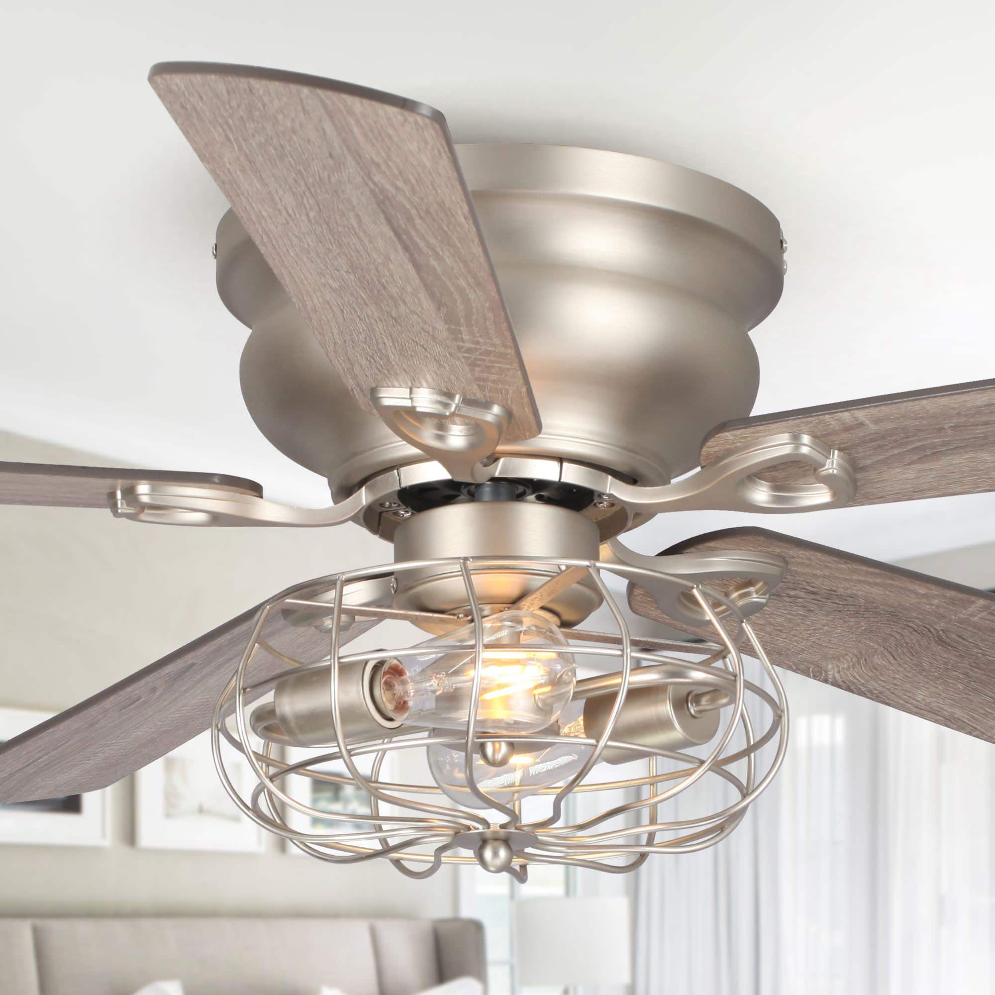 Front. Parrot Uncle - 48" Industrial Wood Low Profile Ceiling Fan with Light Kit and Remote and 3-Speed Motor - Nickel.