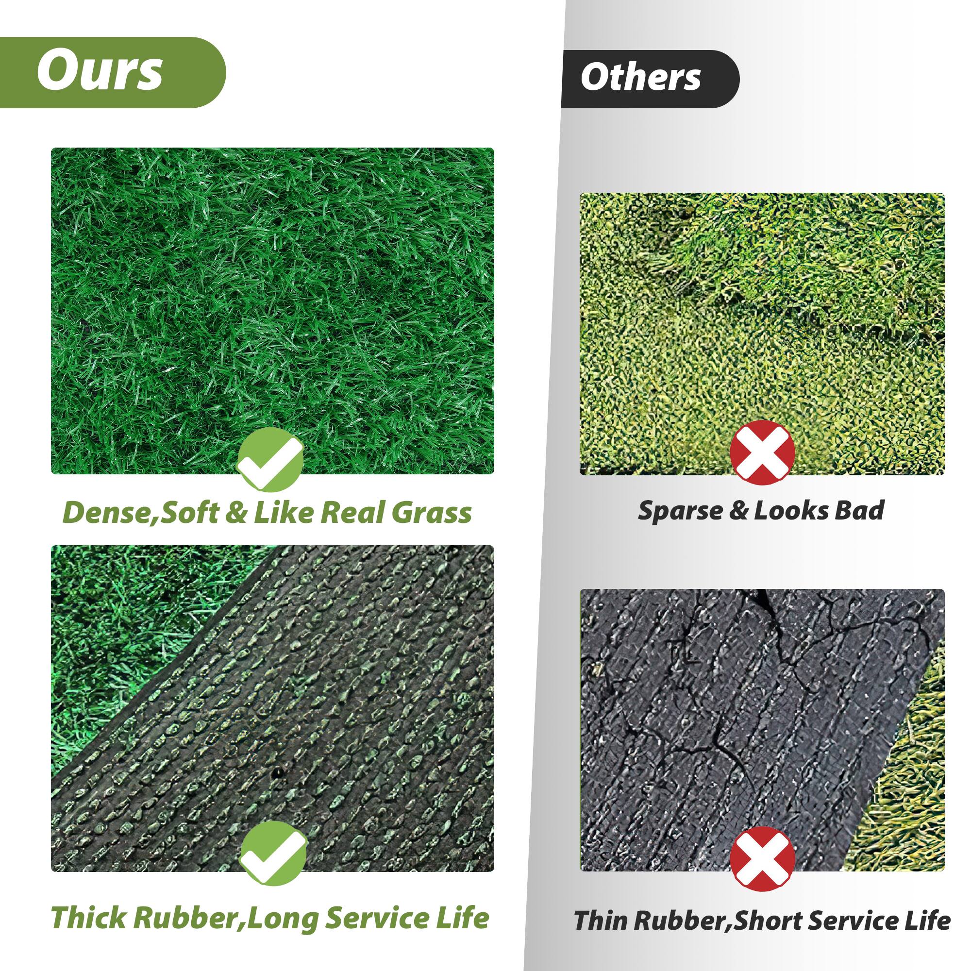 Ours  
- Dense, Soft & Like Real Grass  
- Thick Rubber, Long Service Life  

Others  
- Sparse & Looks Bad  
- Thin Rubber, Short Service Life