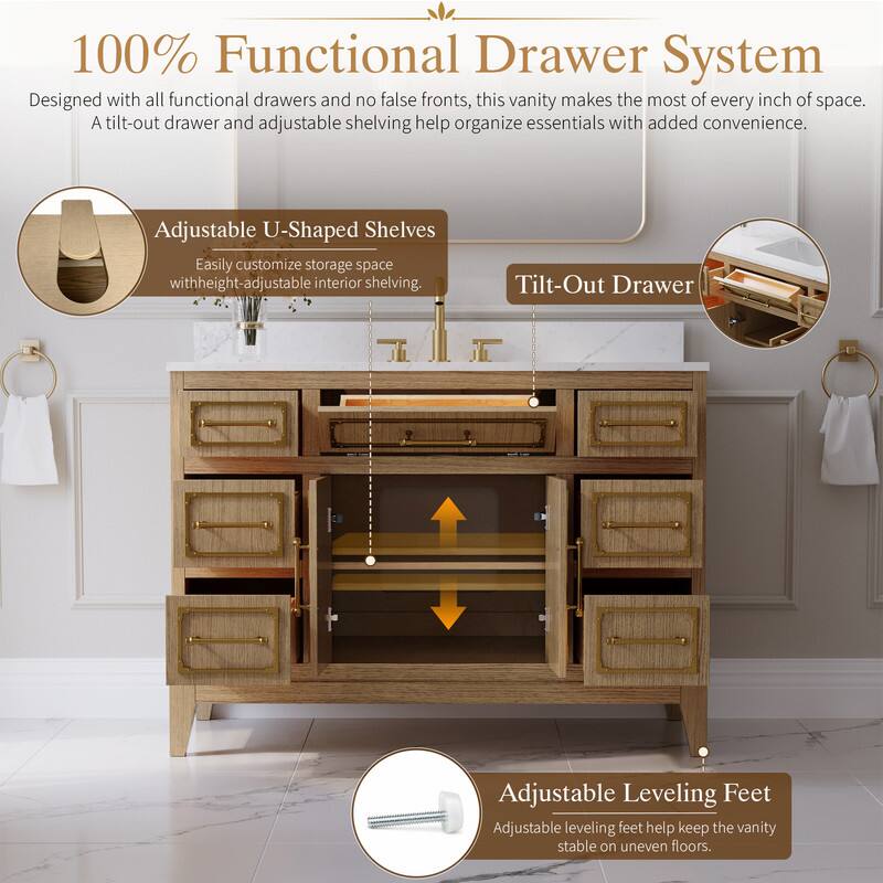 100% Functional Drawer System

Designed with all functional drawers and no false fronts, this vanity makes the most of every inch of space. A tilt-out drawer and adjustable shelving help organize essentials with added convenience.

Adjustable U-Shaped Shelves
Easily customize storage space with height-adjustable interior shelving.

Tilt-Out Drawer

Adjustable Leveling Feet
Adjustable leveling feet help keep the vanity stable on uneven floors.
