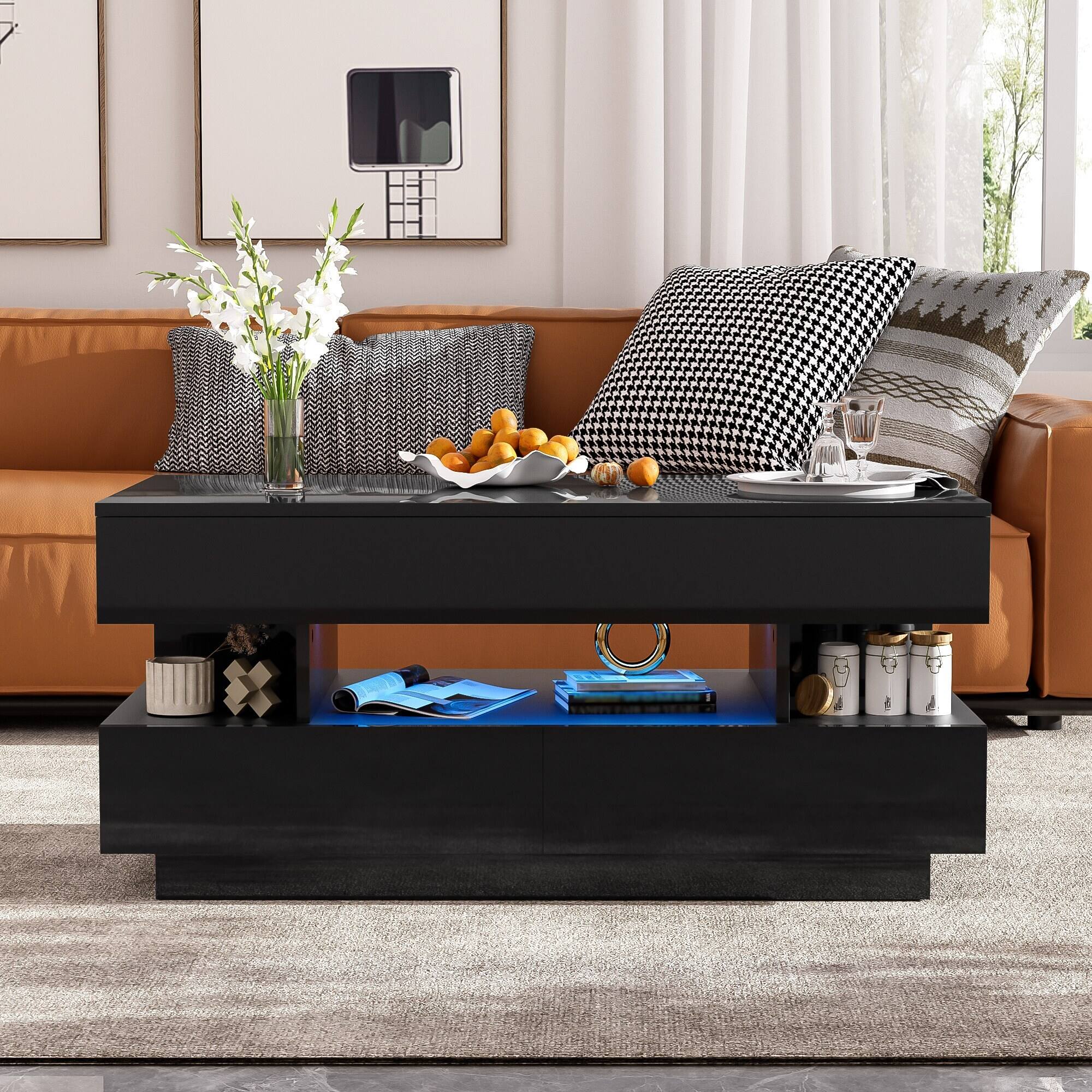 Angle. Bestier - Lift Top Coffee Table with Storage, Modern LED Lighted Coffee Table with 2 Drawers and Open Shelf for Living Room - Black.