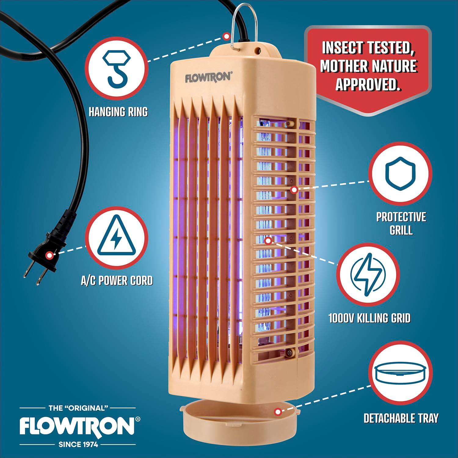 3 HANGING RING  
FLOWTRON  
INSECT TESTED, MOTHER NATURE APPROVED.  
PROTECTIVE GRILL  
A/C POWER CORD  
1000V KILLING GRID  
THE "ORIGINAL" FLOWTRON SINCE 1974  
DETACHABLE TRAY