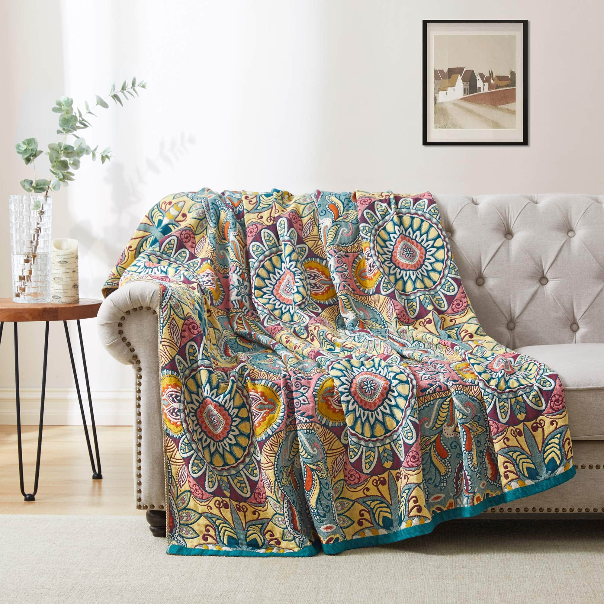 Peace Nest - 100% Cotton Boho Throw Blanket Rustic Home Decor Design, 60x80 inches - Sunflower