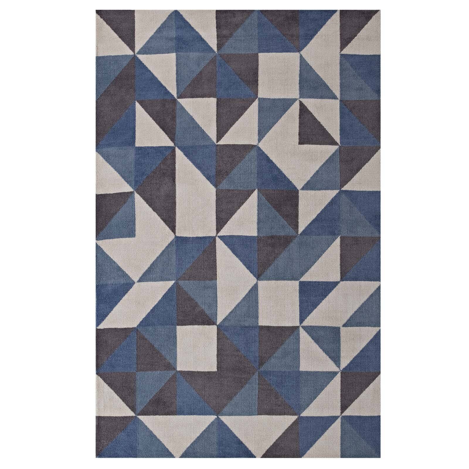 Angle. Modway - Kahula Geometric Triangle Mosaic Area Rug - Blue White and Gray.