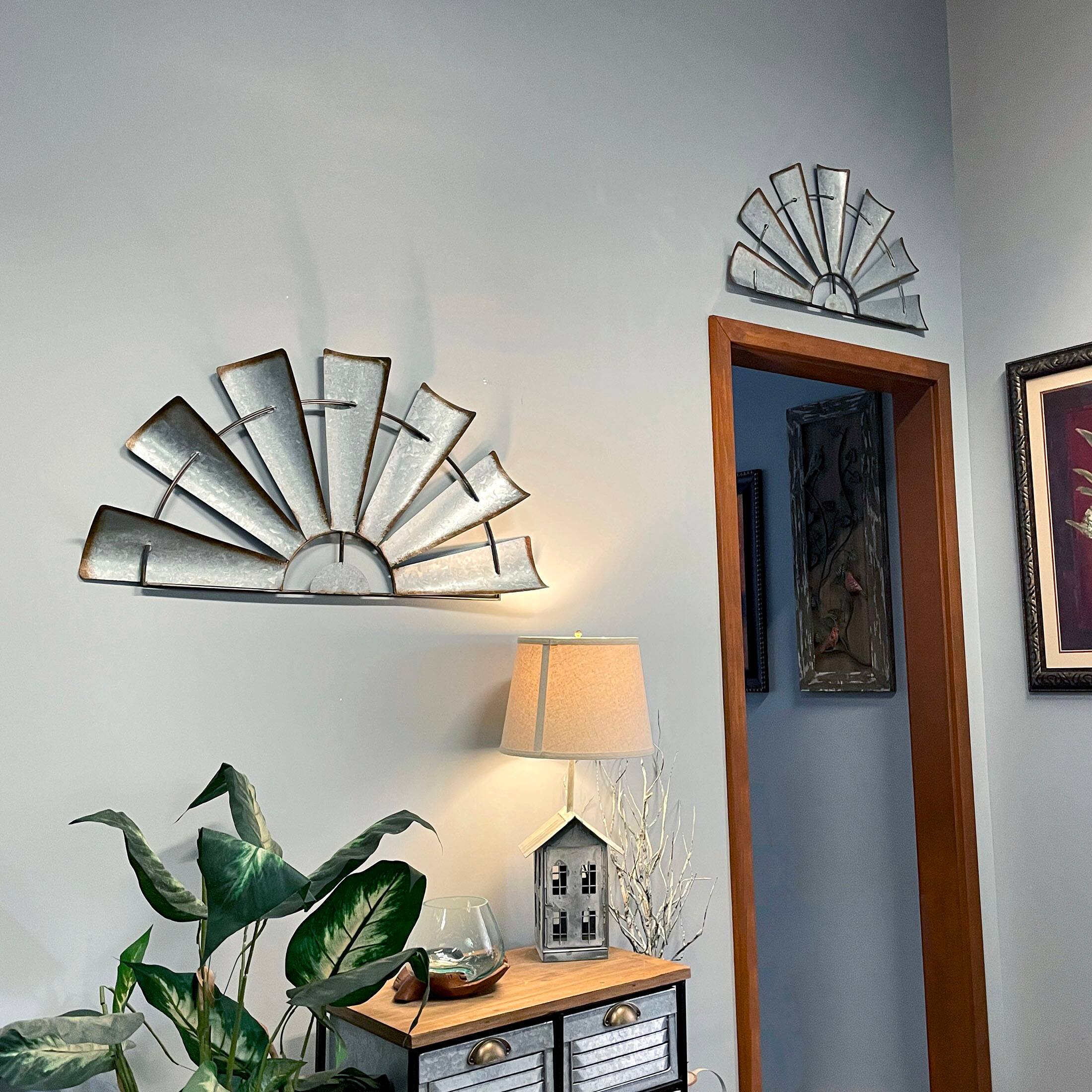 Alt View 5. Zeckos - Pair of Distressed Metal Half Moon Windmill Wall Sculptures - Silver.