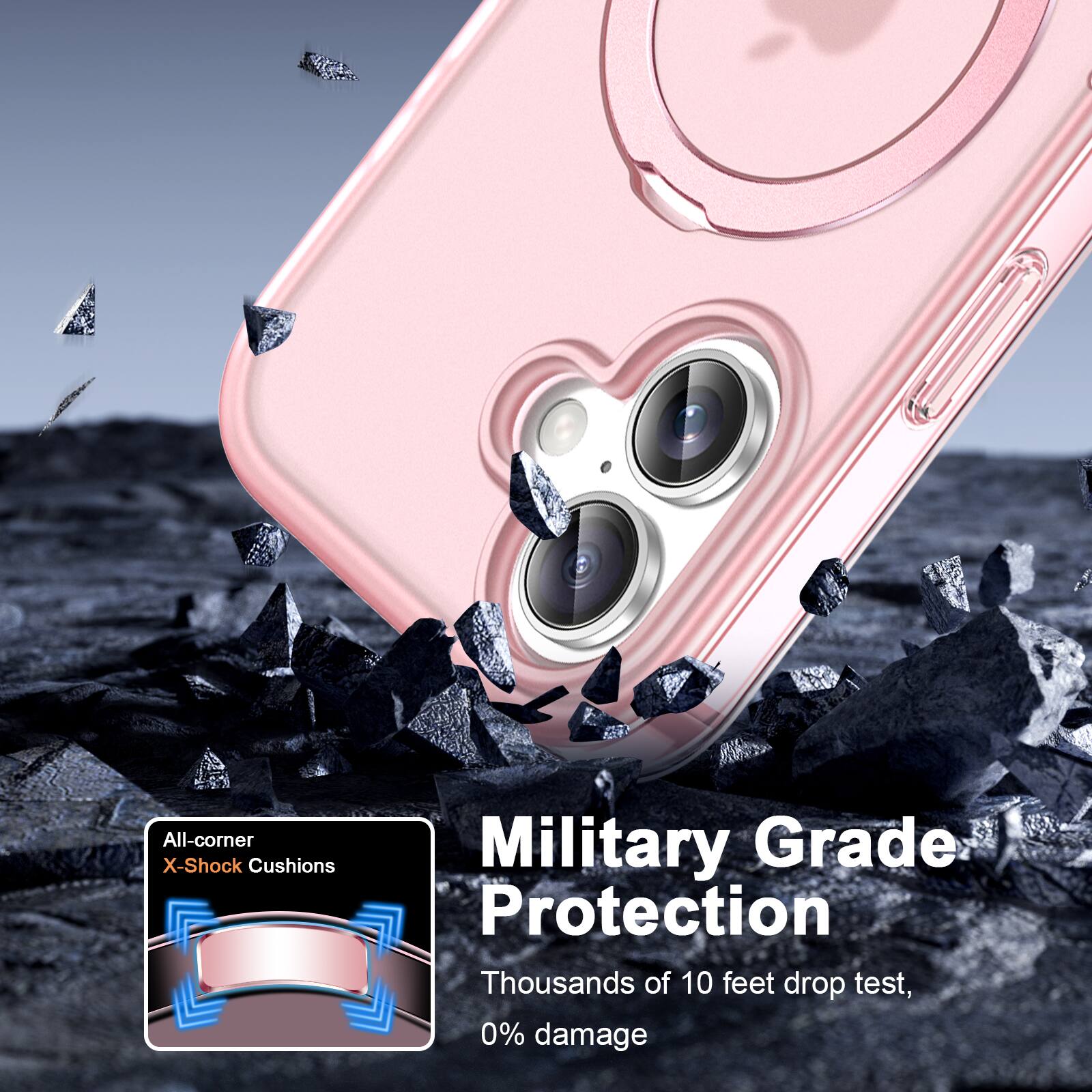 All-corner X-Shock Cushions  
Military Grade Protection  
Thousands of 10 feet drop test, 0% damage