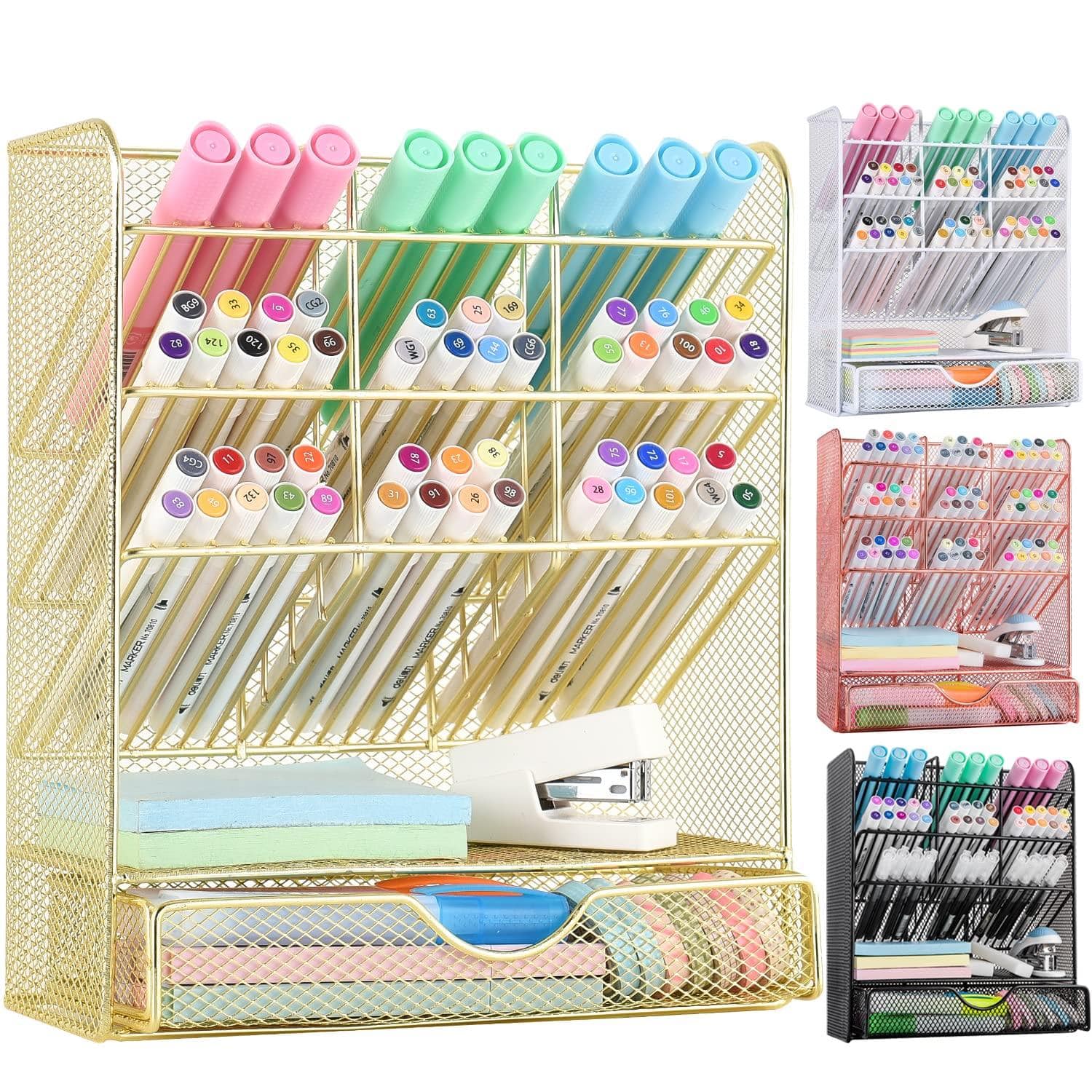 Dapper Styles - Pen Holder Desk Organizer - Organizers And Accessories Pencil With 10 Compartments rawer silver - Gold