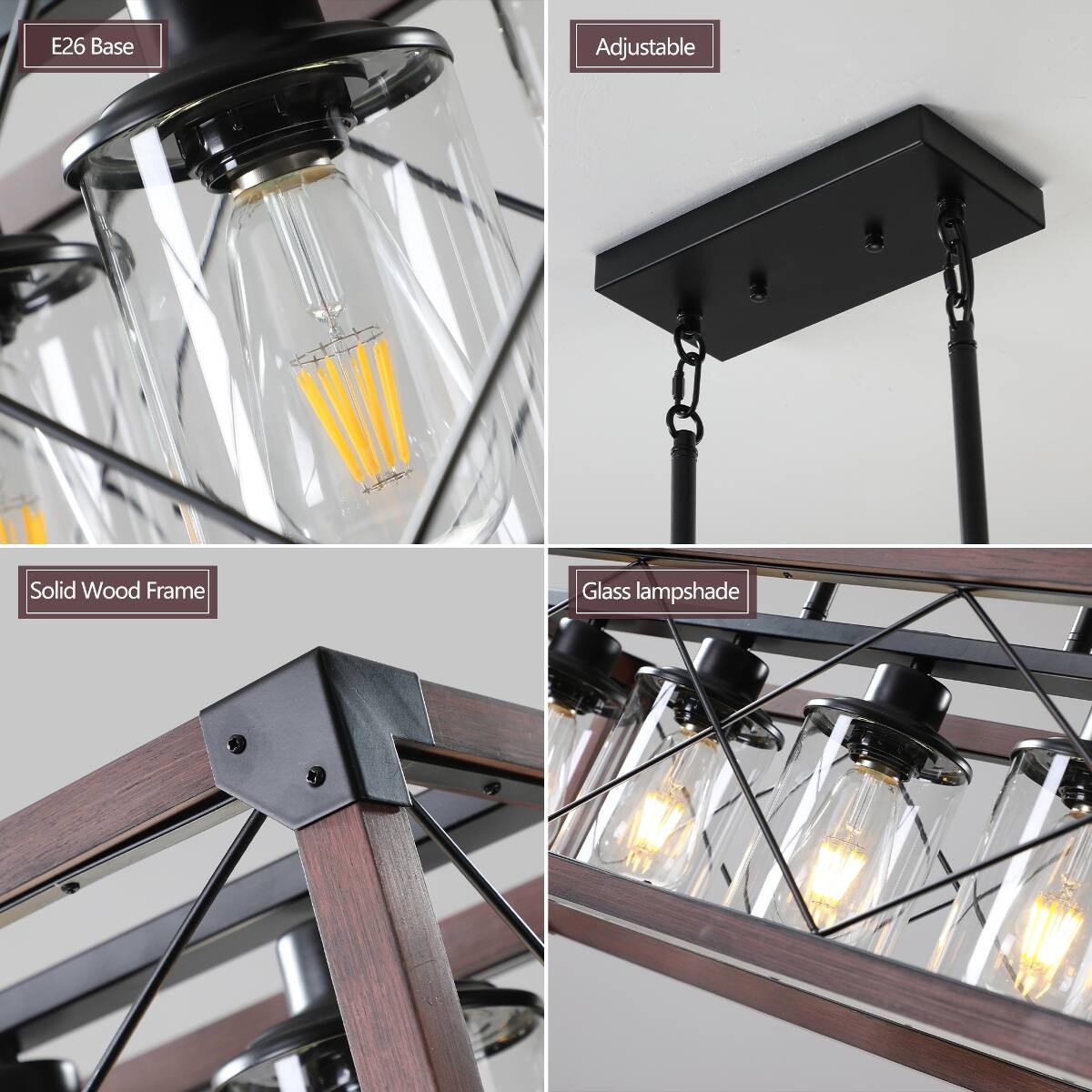 E26 Base  
Adjustable  
Solid Wood Frame  
Glass lampshade