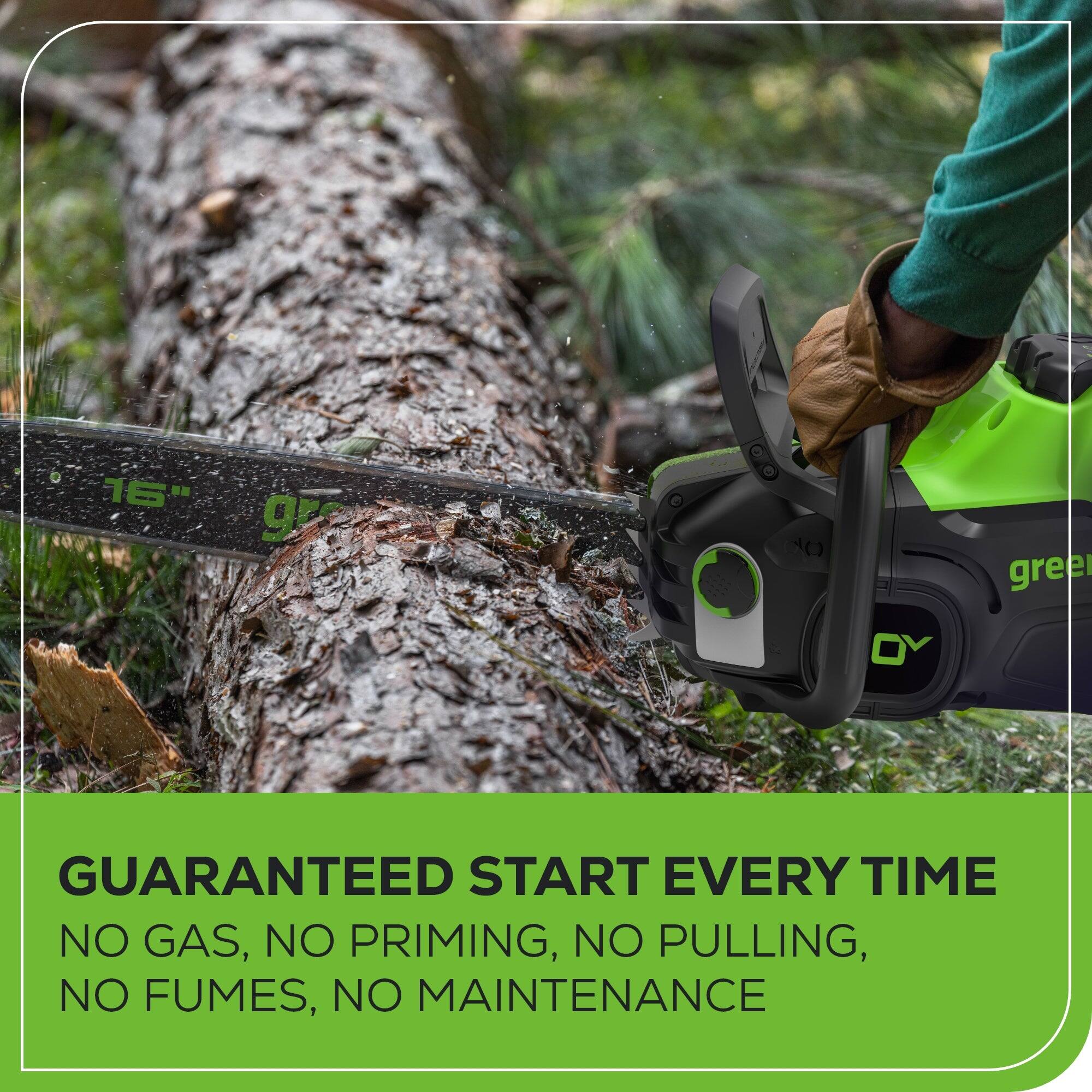 16" gr O OY greet GUARANTEED START EVERY TIME NO GAS, NO PRIMING, NO PULLING, NO FUMES, NO MAINTENANCE