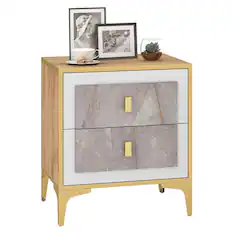 Front. Costway - Costway Nightstand with Storage Faux Marble Surface Accent Table with 2 Pull-out Drawers - Natural,Golden,White.