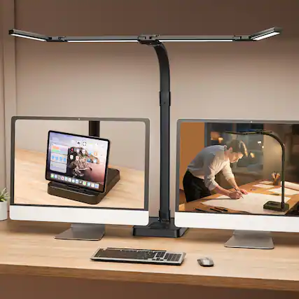 Front. Dazzed Corner - 24W LED Desk Lamp with Clamp, Double Head, 25 Modes, Adjustable Gooseneck.