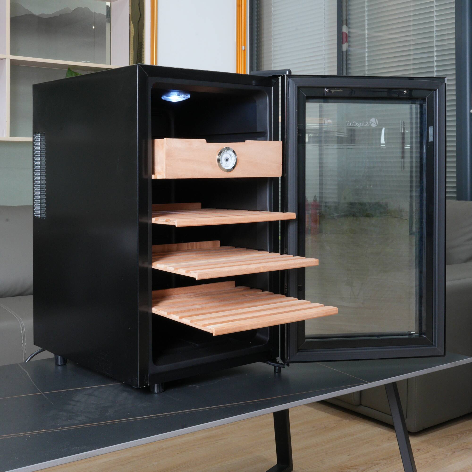 Angle. KingChii - KingChii 48L Cigar Humidor Cabinet, 300-Cigar Electric Cooler with Heating & Cooling - Black.