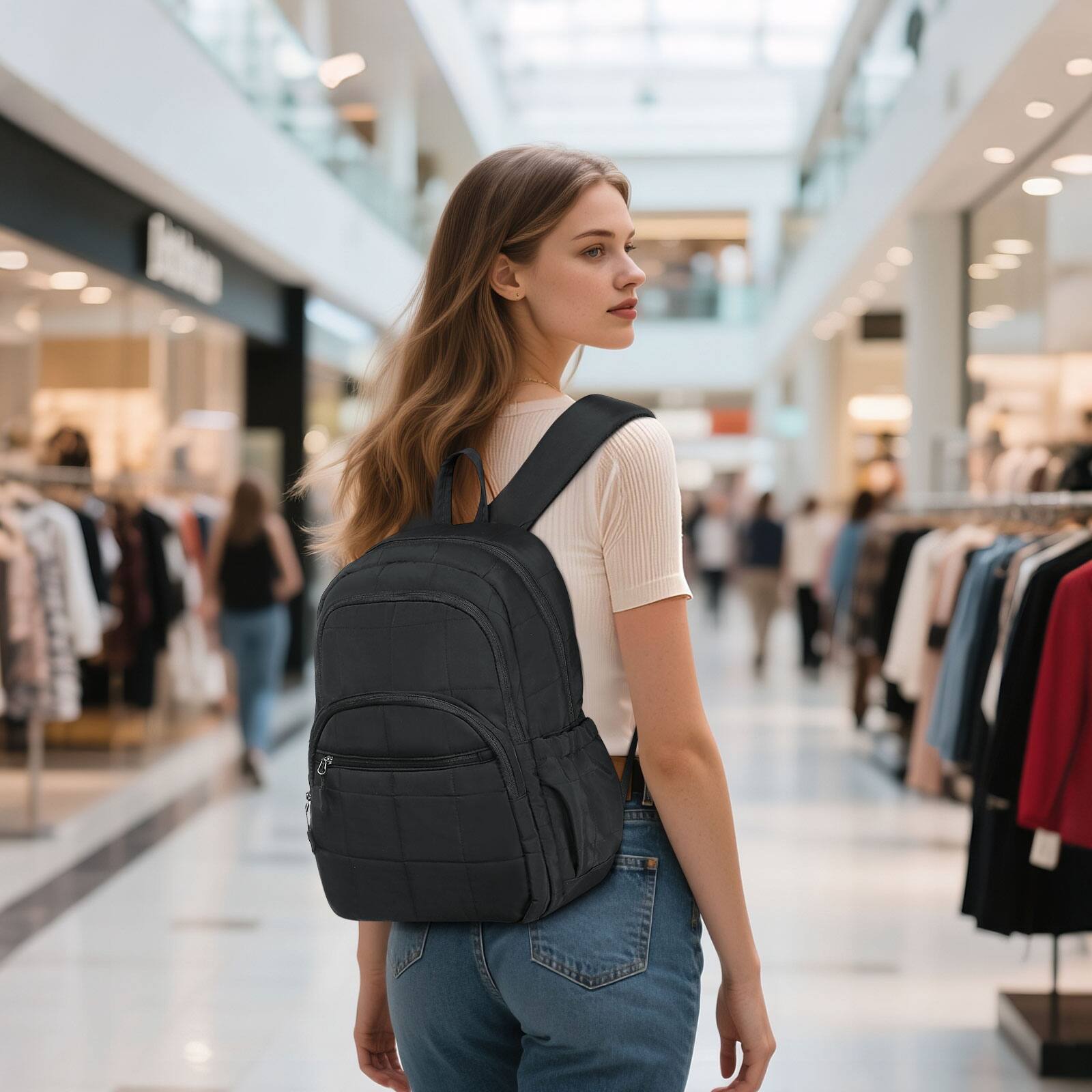 Alt View 6. Unique Bargains - Quilted Laptop Backpack for Women, Casual Work Daypack for 15.6" Laptop, Travel Bag with Luggage Strap - Black.