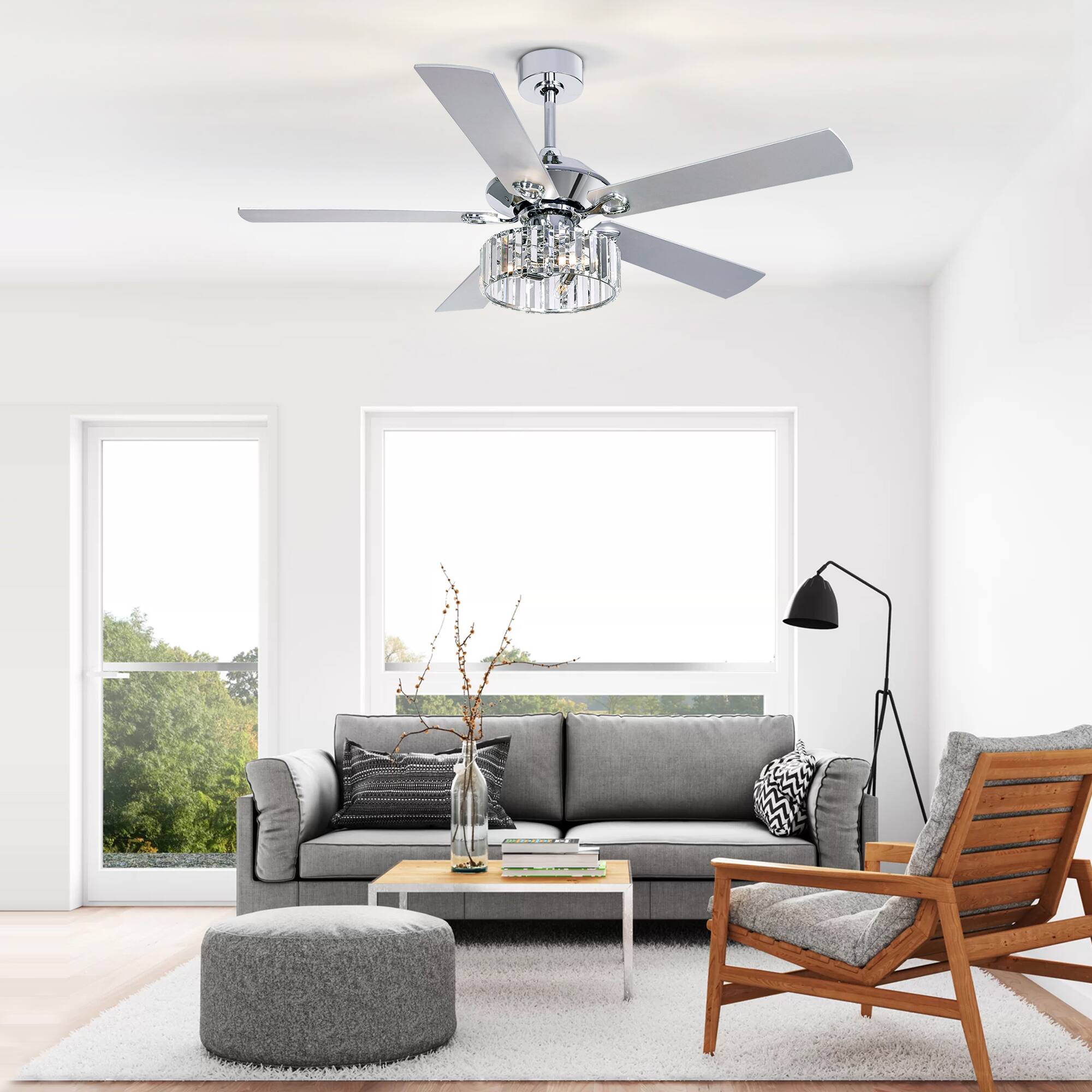 Angle. Breezary - 52" Indoor Chandelier Ceiling Fan with Silver Blades & Crystal E12 Triple Light - Remote Included (5-Blade) - Chrome.
