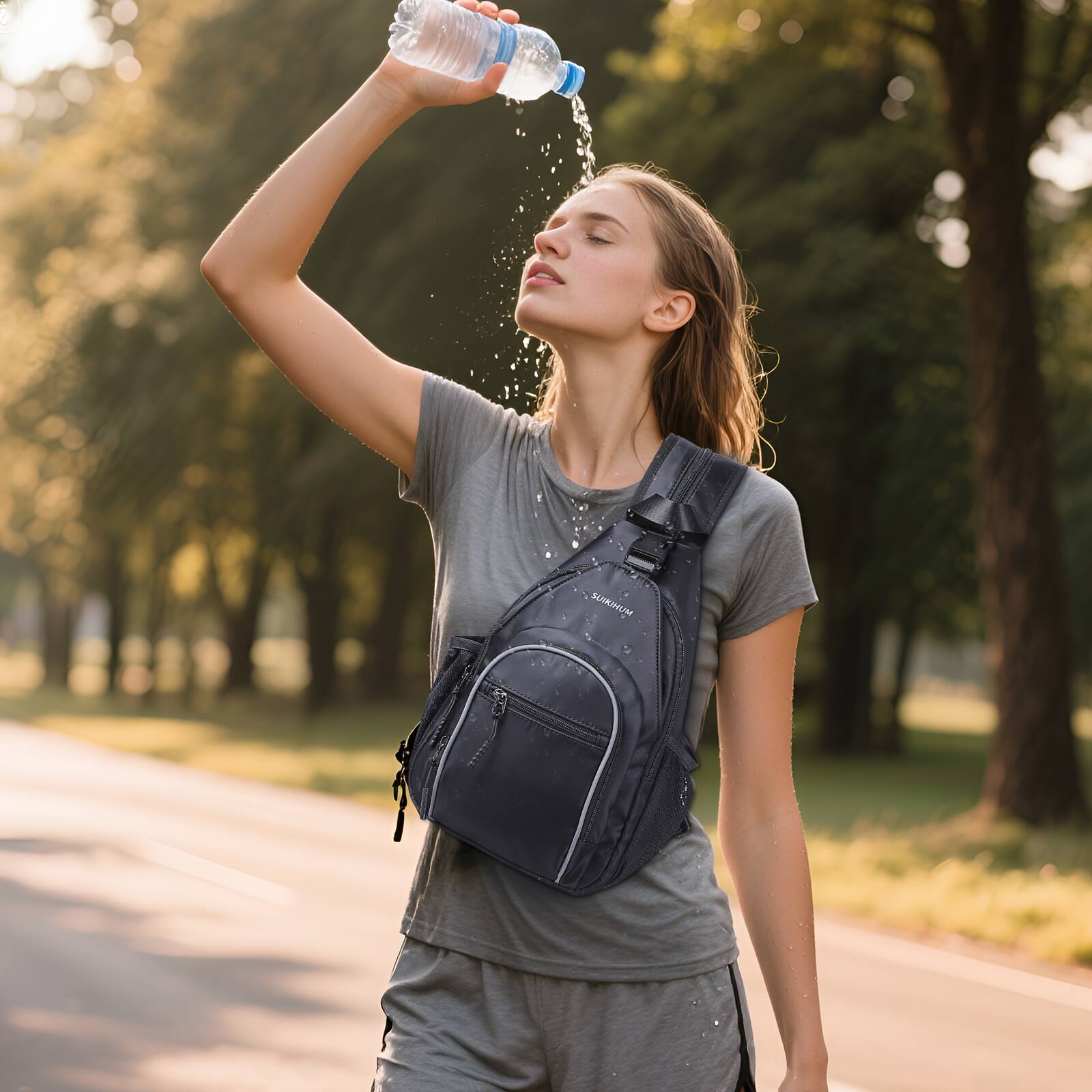 Alt View 6. Unique Bargains - Crossbody Sling Bag with Water Bottle Holder 8.3" Convertible Small Backpack Anti Theft Daypack Chest Fanny Pack - Grey.