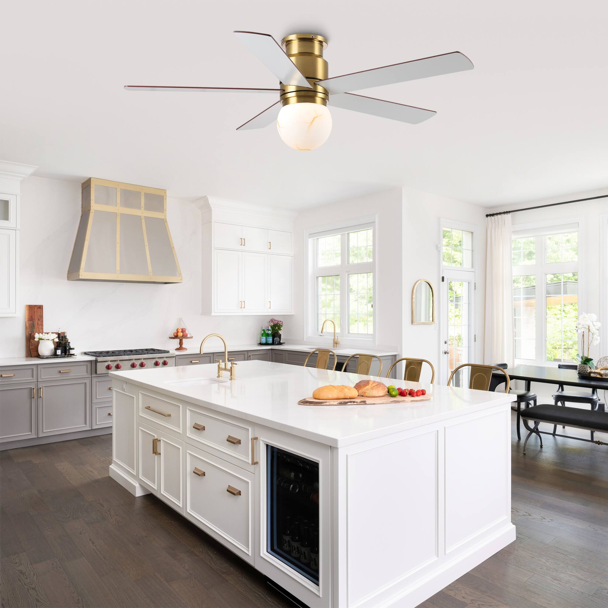 Left. Parrot Uncle - 52"  Low Profile Ceiling Fan with 3CCT Dimmable LED Light and Remote - Gold.