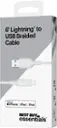 The text on the image reads: "6' Lightning to USB Braided Cable Made for iPhone | iPad | iPod 9 BEST BUY TM essentials."