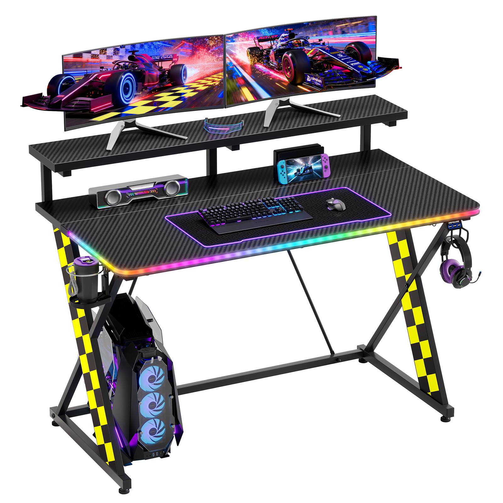 Alt View 8. RSPGAME - Basic 43" Music Sync LED Gaming Desk w/ Dynamic Color-Changing & Racing Gear Style,Ergonomic Monitor Stand Computer Desk - Black & Yellow.
