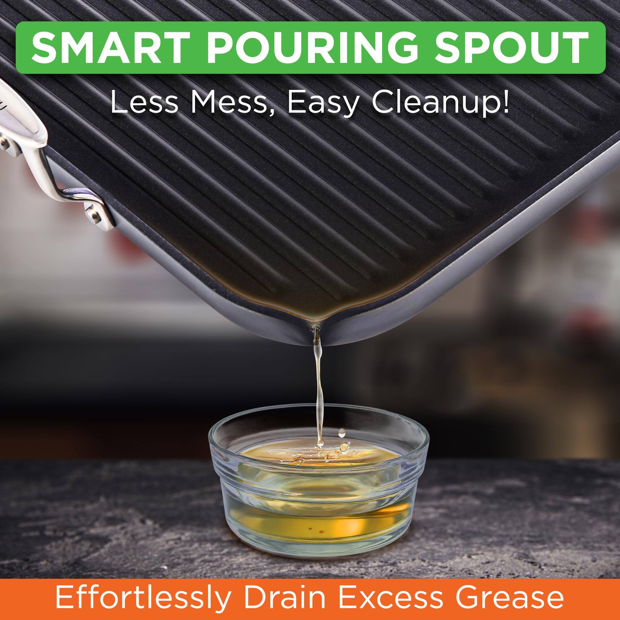 SMART POURING SPOUT  
Less Mess, Easy Cleanup!  
Effortlessly Drain Excess Grease